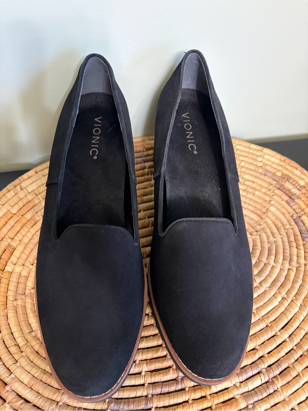 Vionic Black Suede Wedge Loafers with Tan Accent - Picture 2 of 7